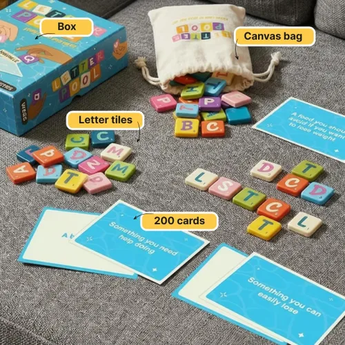 Vista 7 de Letterpool: 2-12 jugadores juegos de mesa para adultos, familia, adolescentes, trivias, mezcla de juegos de palabras y cartas, divertidos y fáciles