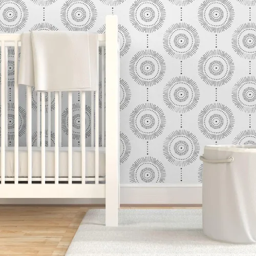 Vista 6 de Papel tapiz para despegar y pegar, diseño geométrico bohemio, círculos de piedra negra, abstracto, neutro, personalizado, extraíble, por Spoonflower
