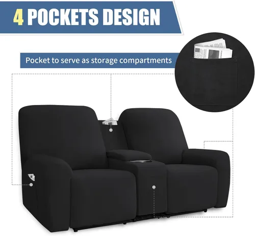 Vista 5 de Easy-Going - Funda elástica para sofá reclinable biplaza con consola central, cubierta suave de vellón ajustada, 2 asientos, con soporte y Negro