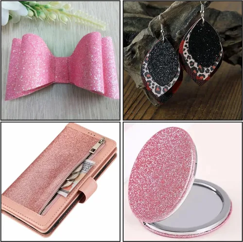 Vista 5 de Hojas de tela de piel sintética con purpurina de 32 colores de 8 x 6 pulgadas para lazos de cuero, aretes, fabricación de joyas, costura
