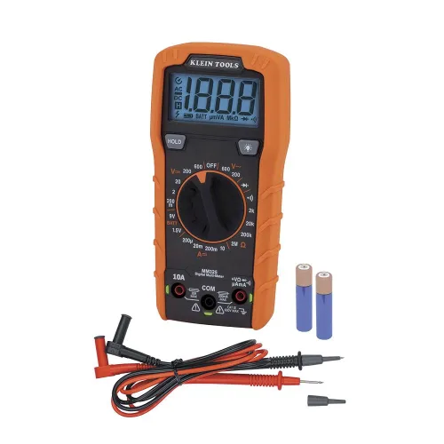 Vista 2 de Klein Tools Multímetro MM325, probador de voltaje CA/CC de 600 V de rango manual digital, prueba baterías y cables de prueba de clip de cocodrilo