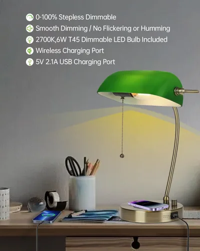 Vista 7 de Lámpara de Escritorio de Banquero de Cristal Verde con Cargador Inalámbrico, Puerto de Carga USB para Oficina en Casa, Lámpara de Mesa Regulable sin