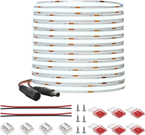 Vista 9 de Tira de luz LED COB de 32.8 pies, flexible, de alta densidad, tiras de mazorca, 24 V, blanco cálido, 2700 K, 320 LEDs/m, CRI 90+, regulable, 0.315