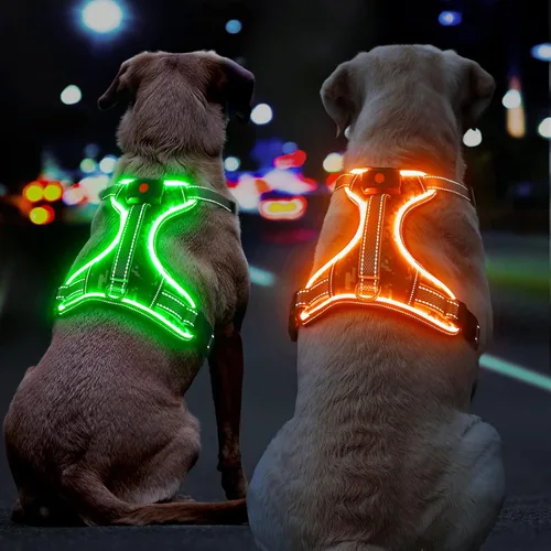 Vista 9 de Arnés para perro con luz LED para caminar de forma segura por la noche, chaleco de malla suave que brilla en la oscuridad, chaleco para perros