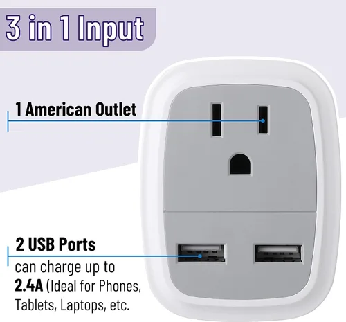 Vista 2 de Adaptador de viaje europeo Bates con USB - Adaptador de enchufe de EE. UU. a Europa para viajes