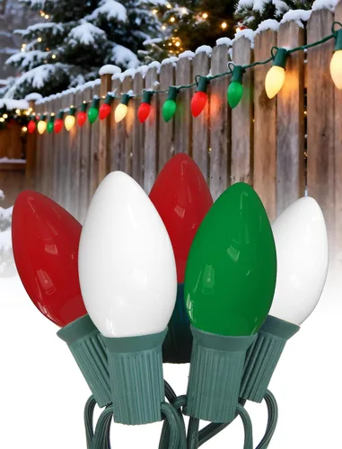 Vista 16 de Luces de Navidad C9 rojas y blancas de 25 pies, cadena de luces de Navidad C9 impermeables con 26 bombillas rojas y blancas, luces de Navidad
