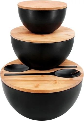 Vista 10 de ECOWAY Juego de 3 cuencos de ensalada con tapas de bambú, juego de tazones de mezcla, cuencos anidables para almacenamiento de ahorro de espacio 3