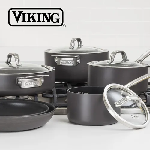 Vista 6 de Viking Juego de ollas y sartenes antiadherentes, 10 piezas de utensilios de cocina anodizados duros con tapas de vidrio, color negro