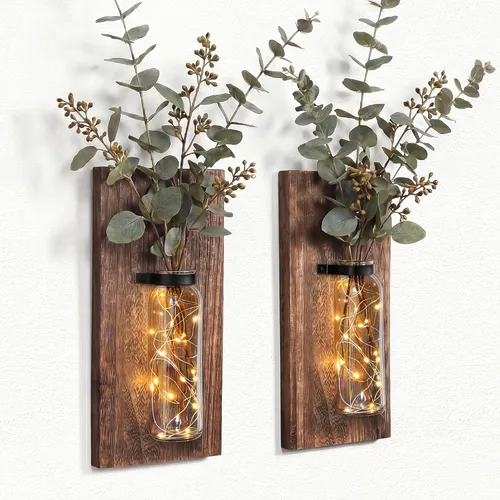 Vista 9 de Heiple Paquete de 2 Maceteros de Pared para Plantas de Interior, Decoración de Madera y Vidrio para Baño, Dormitorio, Sala de Estar, Jarrones