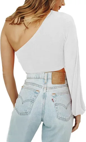 Vista 2 de LYANER Blusa corta sexy de manga larga con un hombro recortado para mujer