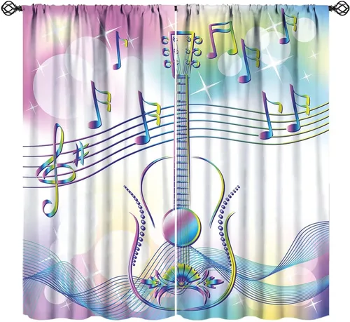 Vista 13 de Cortinas abstractas con notas musicales de piano, temática musical de piano, decoración de dormitorio de niños y niñas, arte rústico retro