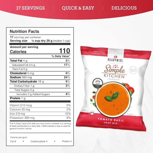 Vista 6 de Simple Kitchen - Mezcla de sopa de tomate y albahaca, 17 porciones para preparación de comidas familiares, vegetariana, sin gluten y liofilizada