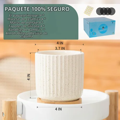 Vista 3 de Macetas de cerámica de 4 pulgadas, beige, juego de 4 Beige (4 pulgadas)