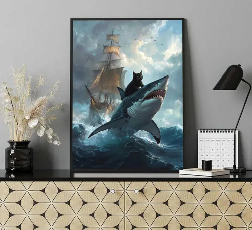 Vista 4 de Marco negro de dibujos animados lindo gato negro arte de pared retro gato negro contra tiburón, divertido póster con impresión de gato extravagante
