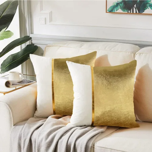 Vista 5 de Fancy Homi Paquete de 4 fundas de almohada decorativas para sala de estar, sofá cama, retazos de terciopelo con cuero dorado, decoración moderna
