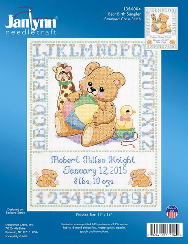 Vista 2 de Janlynn C5589 Bear Birth Sampler - Kit de punto de cruz estampado, 11 x 14 pulgadas, multicolor