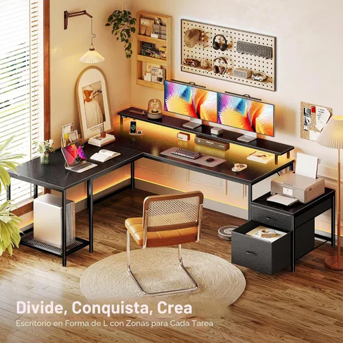 Vista 6 de PRAISUN Escritorio para juegos en forma de L de 66 pulgadas con luces LED y Negro
