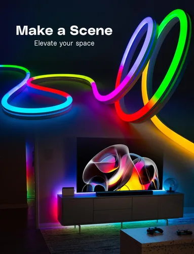 Vista 5 de Tira de luz LED de neón RGB de 16.4 pies que cambia de color, aplicación + control remoto, iluminación de diseño impermeable personalizable