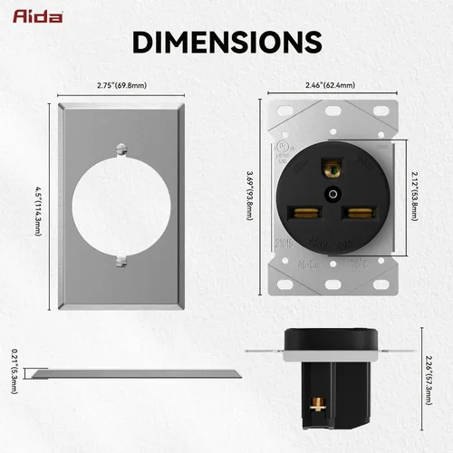 Vista 7 de AIDA Receptáculo de Alimentación de Montaje Empotrado de 30A 250V, NEMA 6-30R, Toma de Corriente de Cuchilla Recta Certificada por UL, con Placa