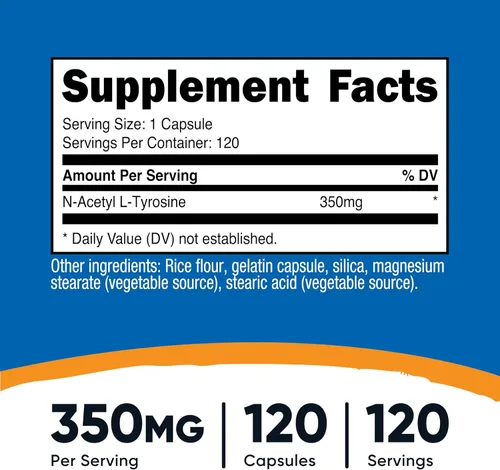 Vista 2 de Nutricost N-acetil L-tirosina (NALT) 350 mg, 120 cápsulas (3 botellas) - Sin gluten, sin OMG GMO-Free
