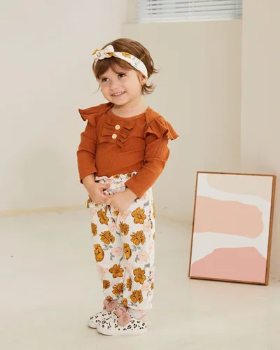 Vista 3 de Kislio Conjunto de ropa de bebé recién nacida con volantes y pantalones florales y diadema para bebé