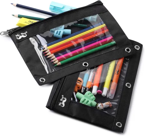 Vista 8 de Mr. Pen Estuche de tela para lápices con 3 agujeros para carpeta, color negro, juego de 2