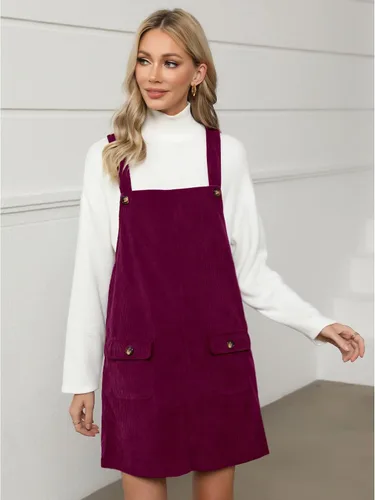 Vista 24 de luvamia Vestido de pana para mujer, tirantes ajustables, casual, a la moda, overoles cortos con bolsillos