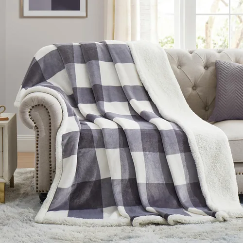 Vista 19 de PU MEI Manta Sherpa Individual a Cuadros Gruesa para Cama, 60"*80" Franela Súper Suave Difusa Forro Polar Reversible Terciopelo Afelpado Manta