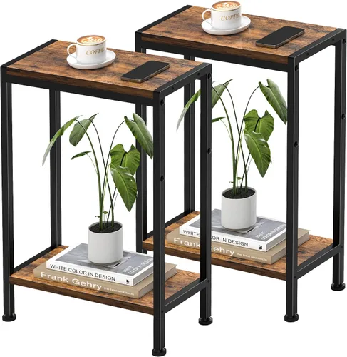 Vista 16 de Mesa auxiliar estrecha para espacios pequeños, mesa auxiliar delgada de 2 niveles, mesita de noche delgada, mesa de sofá delgada para aperitivos