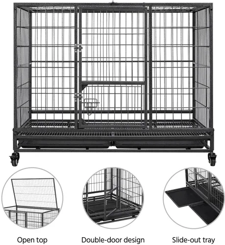 Vista 7 de Yaheetech Jaula de perro resistente a prueba de escapes de 43 pulgadas con puertas dobles, 2 bandejas extraíbles, ruedas bloqueables, perrera