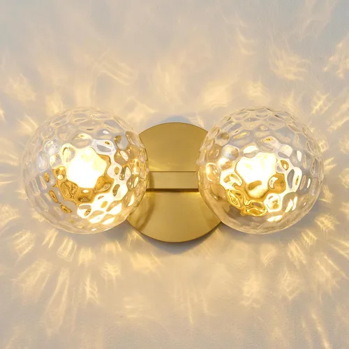 Vista 17 de Aplique de pared moderno de globo de vidrio: Luz de apliques esféricos dorados - Accesorio de luces de bola individual de latón pequeño para tocador