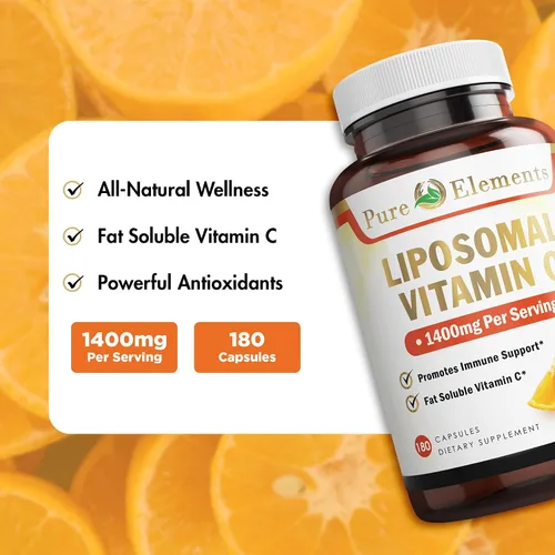 Vista 3 de Pure O Elements Cápsulas de suplemento liposomal de vitamina C, 180 unidades, ácido ascórbico de alta absorción, sin OMG, sin soja, sin gluten