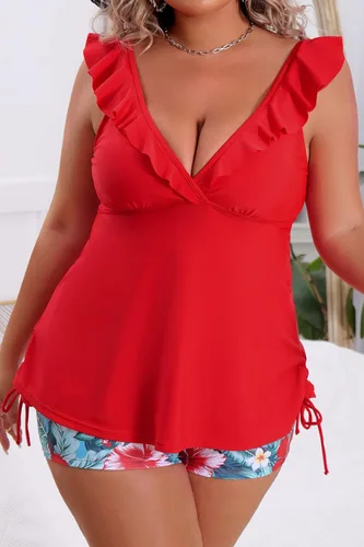 Vista 5 de B2prity Women's Plus Size Tankini Swimsuits Deep V Neck Ruffled Bathing Suits Two Piece Tummy Control Swimwear with Shorts