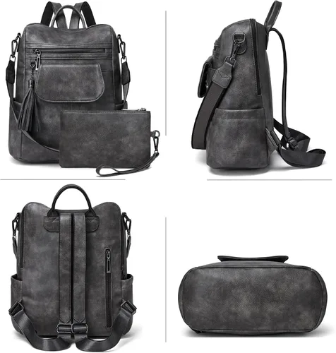 Vista 3 de OPAGE Mochila de cuero para mujer, diseño de moda, bolsos de hombro para mujer, mochila de viaje con pulsera