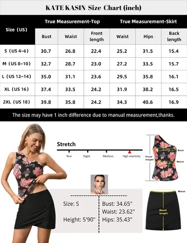 Vista 6 de Kate Kasin Traje de baño tankini de dos piezas para mujer, con un hombro descubierto, con falda