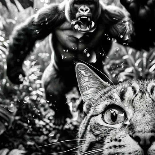 Vista 6 de Divertida cortina de ducha con diseño de gato con gorila en la selva, decoración de baño de animales humorísticos en blanco y negro, juego