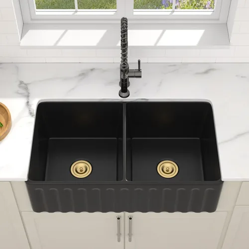 Vista 2 de Dcolora Fregadero de porcelana de cerámica negra de 33 pulgadas, fregadero de cocina frontal con delantal de arcilla refractaria con accesorios