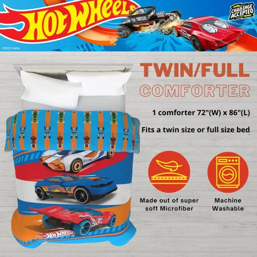 Vista 3 de Franco Ropa de cama para niños, edredón reversible de microfibra súper suave, tamaño individual/matrimonial, Hot Wheels
