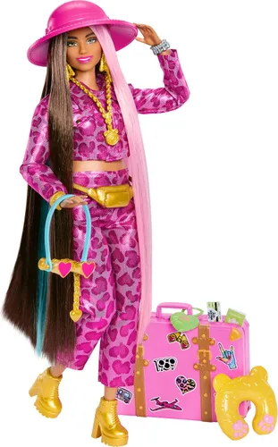 Vista 9 de Muñeca Barbie Extra Fly con ropa y accesorios de viaje con temática de playa, cubretodo tropical con sombrero y bolso de gran