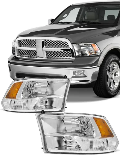 Vista 10 de Juego de faros delanteros 2009-2018 Dodge Ram 1500, 2010-2018 Dodge Ram 2500/3500 estilo cuádruple y doble con carcasa negra y reflector ámbar