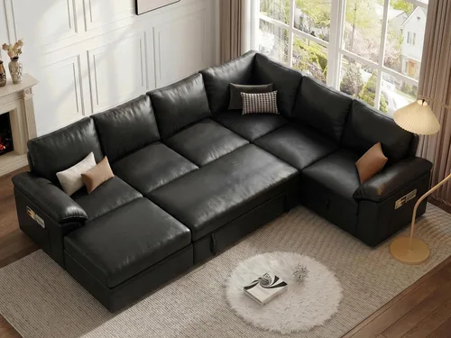 Vista 23 de Sofá Seccional Modular de 85 Pulgadas con Cama Extraíble, Sofá Cama Seccional en Forma de L de 5 Asientos con Almacenamiento, Sofás Seccionales