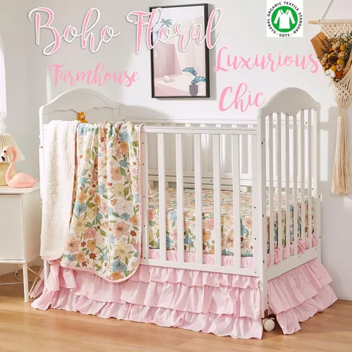 Vista 4 de Brandream Juego de ropa de cama de cuna para niñas, 3 piezas, diseño floral para guardería, con flores encantadoras, pétalos pintorales, hojas