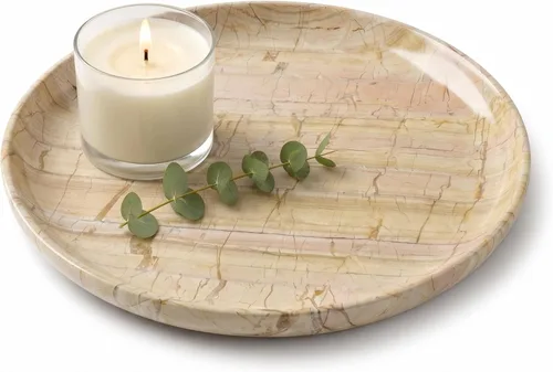Vista 12 de YKAJO Beige Travertine Round Marble Tray, 10" Deep Dish Vanity Organizer