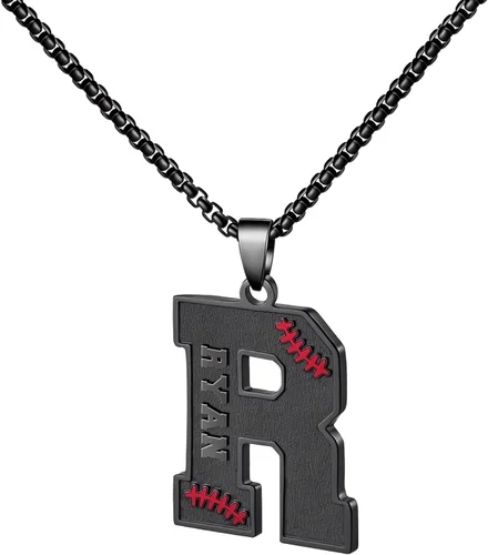 Vista 82 de Ldurian Collar personalizado con nombre de béisbol, cadena negra de acero inoxidable, collar con nombre deportivo, letra A-Z de 24 pulgadas, regalos