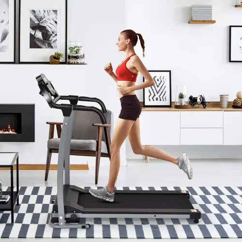 Vista 8 de GYMAX Cinta de correr plegable, cinta de correr portátil con 12 programas preestablecidos, monitor LCD, ruedas integradas y sensor de pulso, máquina