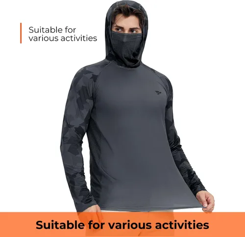 Vista 4 de Rodeel - Camisa de pesca para hombre con manga larga, UPF 50+, rendimiento de alto rendimiento para senderismo, con máscara, protección UV