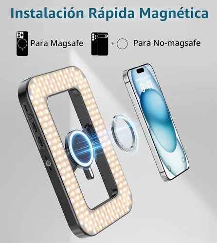Vista 2 de Anillo de luz selfie magnético de 6000mAh RGB para iPhone, luz de teléfono recargable de 448 LED con soporte de trípode mini, estabilizador de mano
