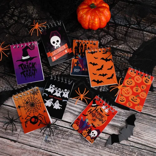 Vista 3 de Outus 48 cuadernos de Halloween en espiral, cuadernos con patrón de calabaza para fiesta de Halloween, suministros escolares en casa, 8 estilos