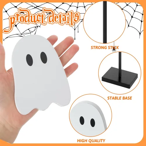 Vista 4 de 3 piezas de decoración de mesa de fantasma de Halloween, bandeja escalonada de madera, centro de mesa, centro de mesa, bloque alto, juego