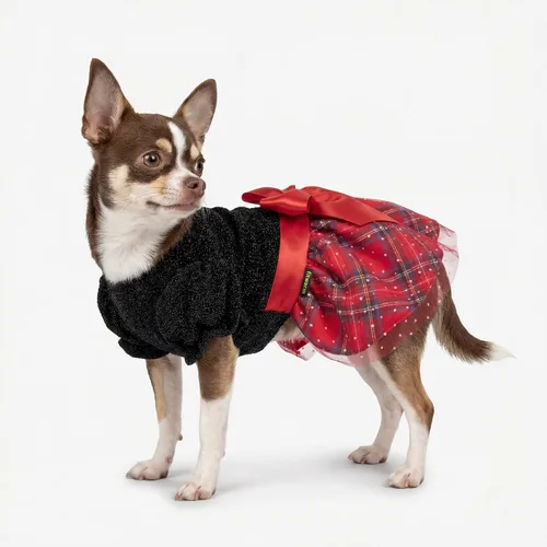 Vista 3 de Fitwarm - Vestido navideño con mangas abullonadas para perros, elegante atuendo navideño para perros, ropa para perritos pequeños, ropa